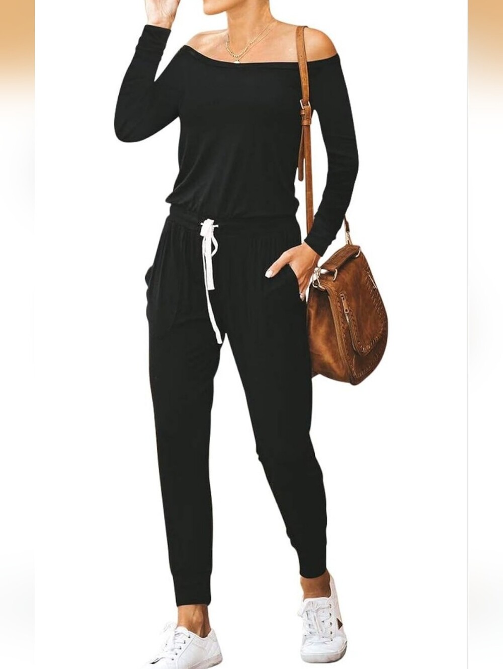 Off-Shoulder Long Sleeve Black Women's Jumpsuit Stretchy With Pockets Size Small